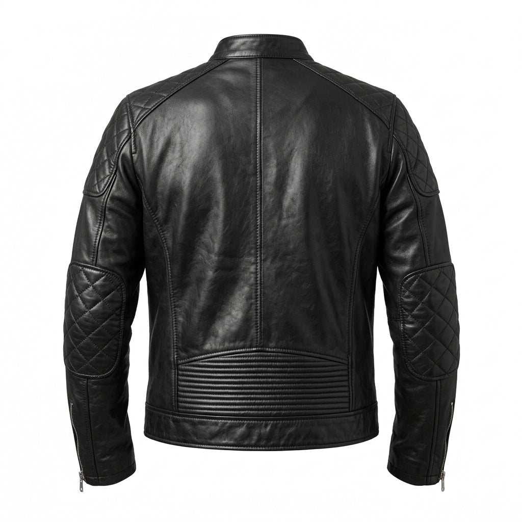 Men's Black Leather Cafe Racer Jacket with Diamond Quilted Shoulders