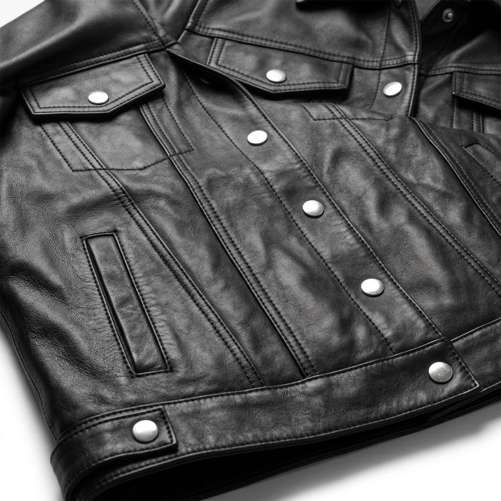 Women's Black Sheepskin Leather Trucker Jacket – Cropped Western Coat with Snap-Front Closure