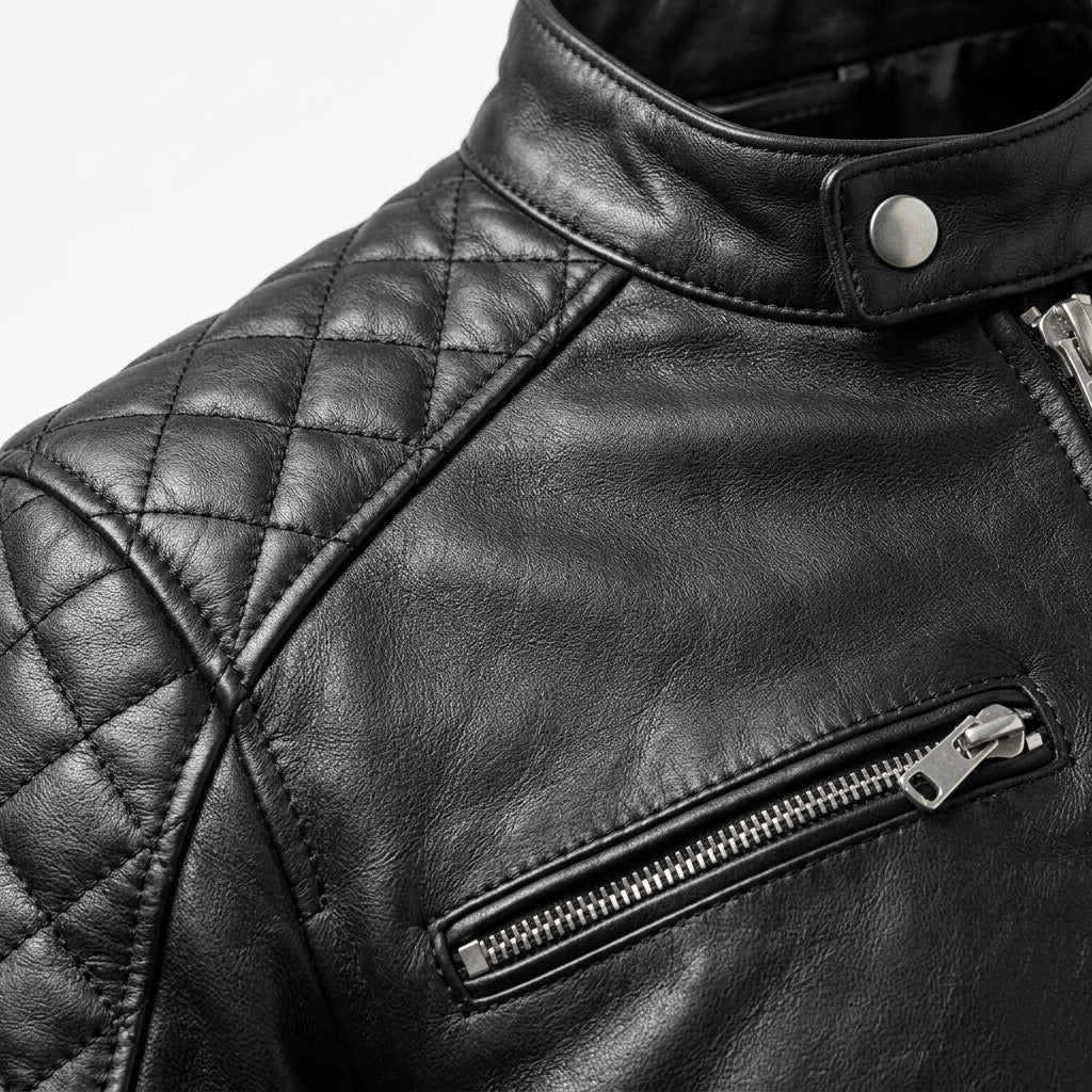 Men's Black Leather Cafe Racer Jacket with Diamond Quilted Shoulders