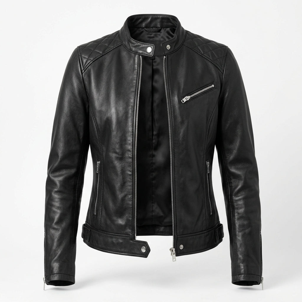 Women's Black Sheepskin Leather Cafe Racer Jacket – Diamond Quilted Shoulders & Zip Cuffs