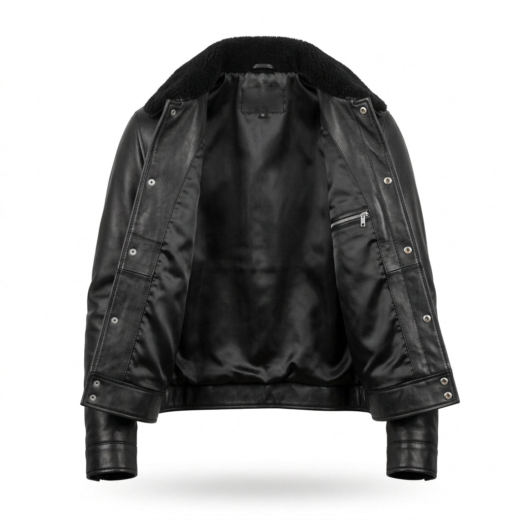 Men's Black Leather Trucker Jacket with Detachable Shearling Collar