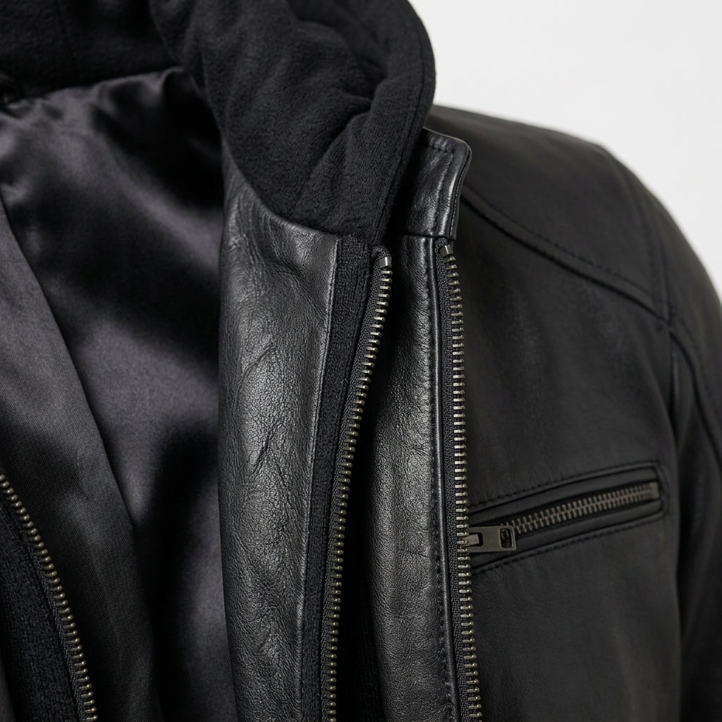 Men's Black Sheepskin Leather Jacket – Cafe Racer Style with Removable Fleece Hood