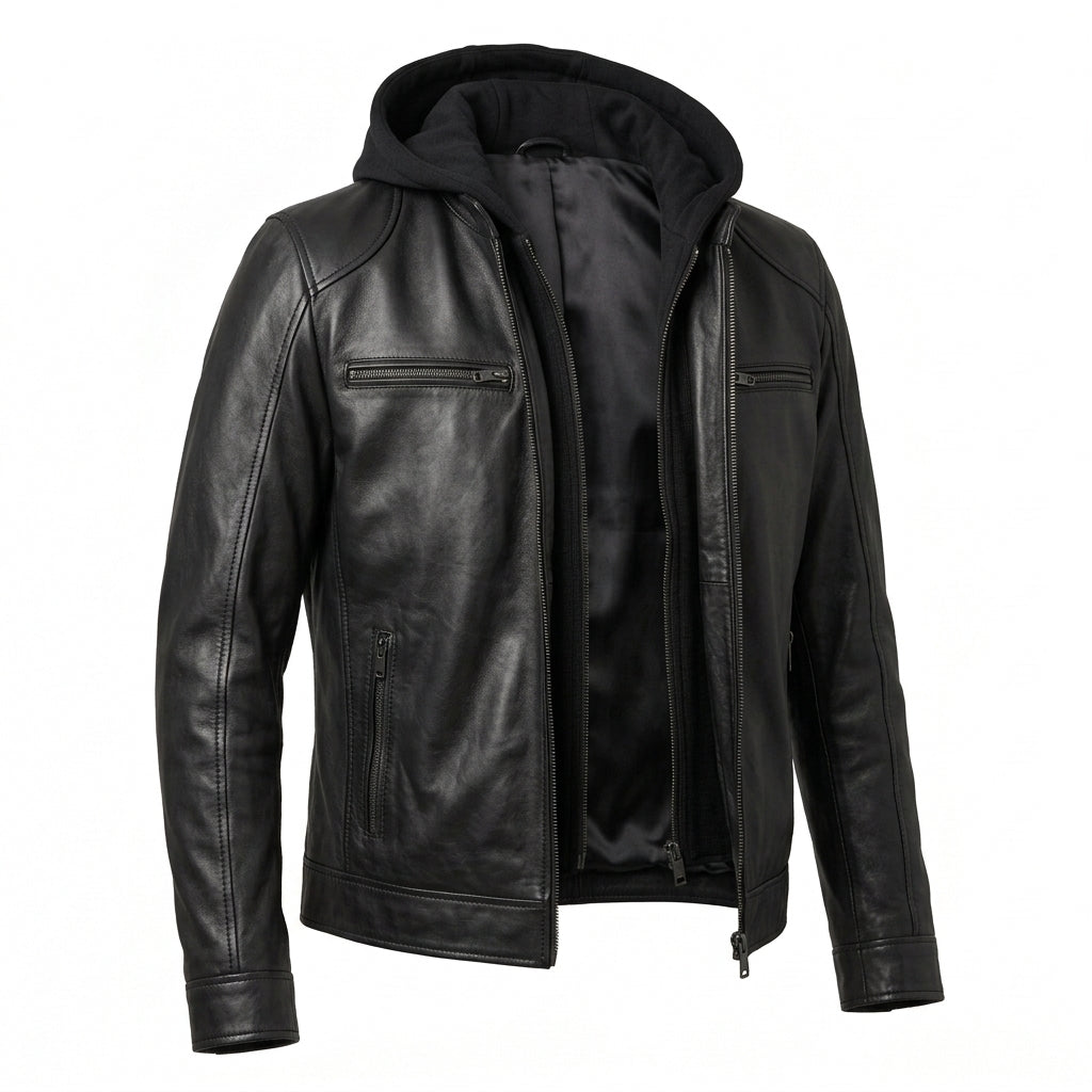 Men's Black Sheepskin Leather Jacket – Cafe Racer Style with Removable Fleece Hood