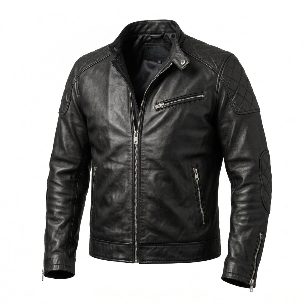 Men's Black Leather Cafe Racer Jacket with Diamond Quilted Shoulders