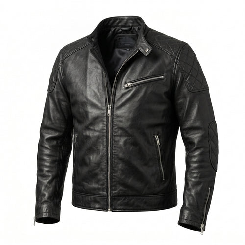 Men's Black Leather Cafe Racer Jacket with Diamond Quilted Shoulders