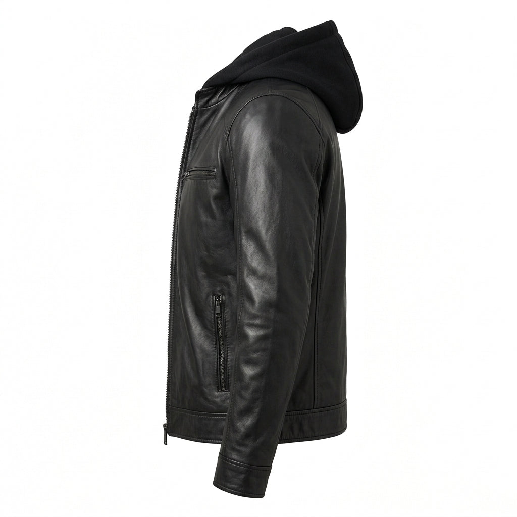 Men's Black Sheepskin Leather Jacket – Cafe Racer Style with Removable Fleece Hood