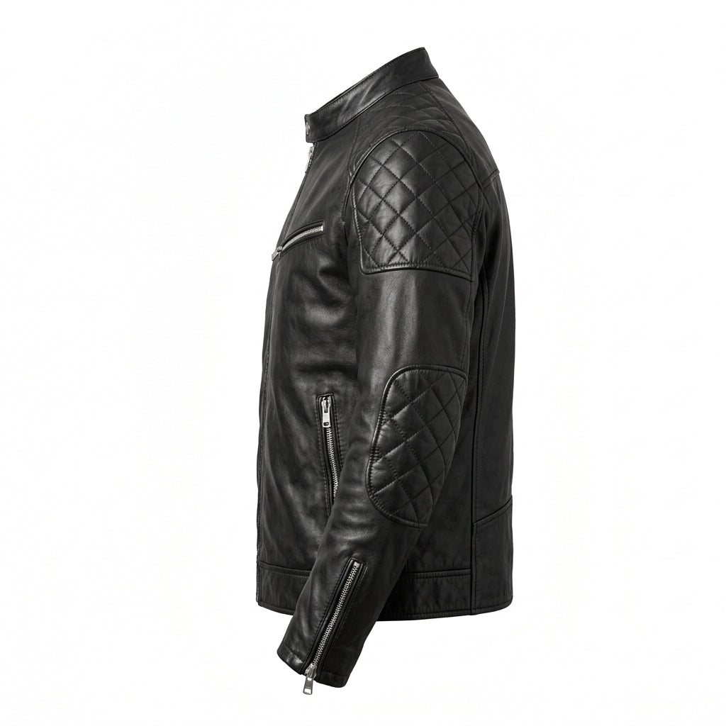 Men's Black Leather Cafe Racer Jacket with Diamond Quilted Shoulders