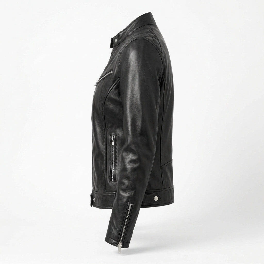 Women's Black Sheepskin Leather Cafe Racer Jacket – Diamond Quilted Shoulders & Zip Cuffs
