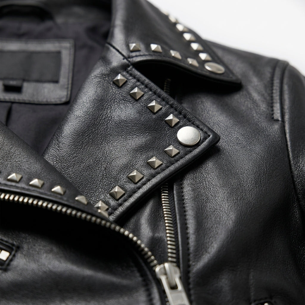 Women's Black Studded Cropped Leather Biker Jacket