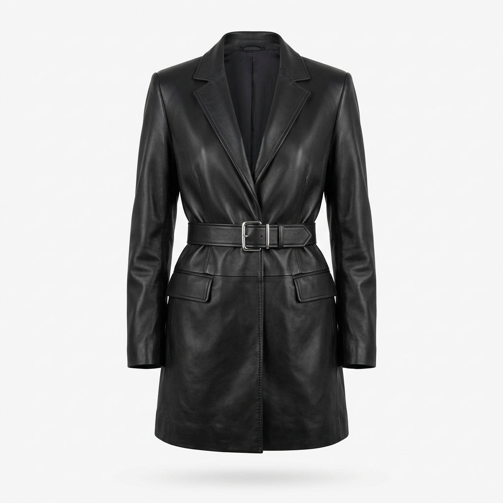 Women's Black Belted Longline Leather Blazer