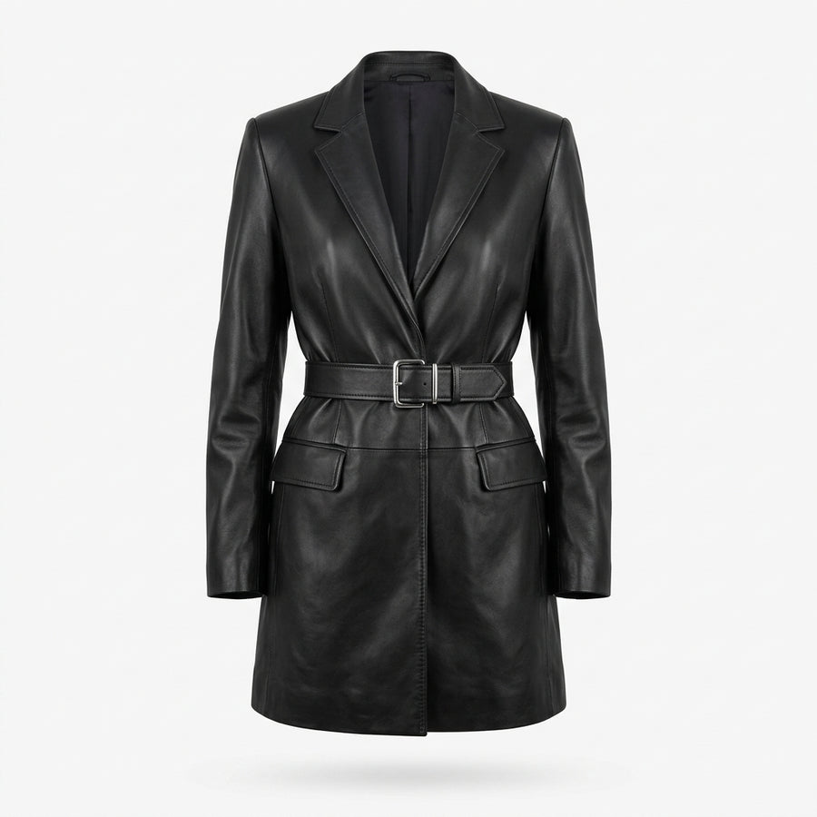 Women's Black Belted Longline Leather Blazer
