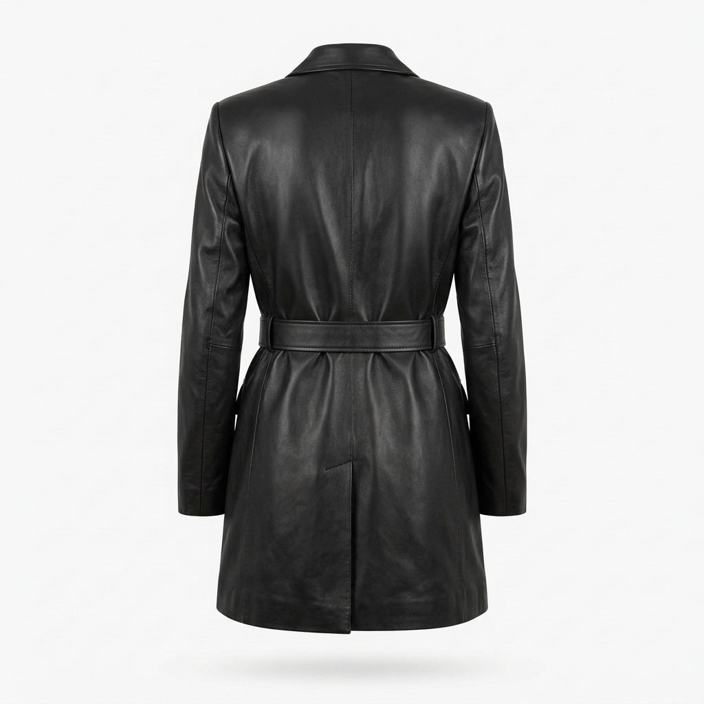 Women's Black Belted Longline Leather Blazer