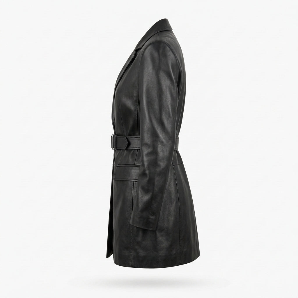 Women's Black Belted Longline Leather Blazer