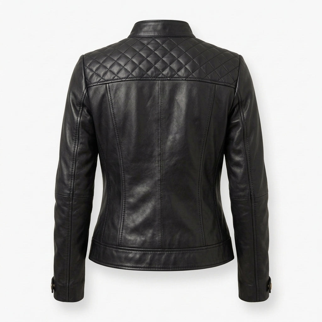 Women's Black Sheepskin Leather Jacket – Quilted Shoulder Cafe Racer Moto Jacket with Gold Zippers