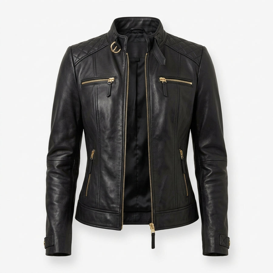 Women's Black Sheepskin Leather Jacket – Quilted Shoulder Cafe Racer Moto Jacket with Gold Zippers