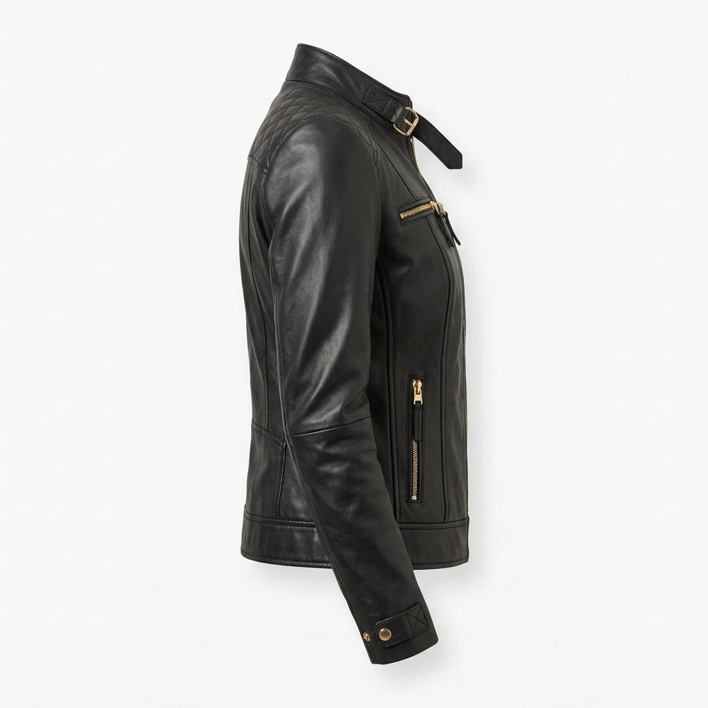 Women's Black Sheepskin Leather Jacket – Quilted Shoulder Cafe Racer Moto Jacket with Gold Zippers