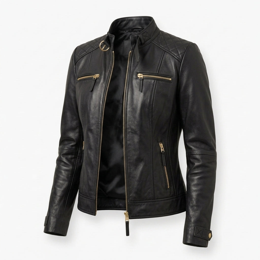 Women's Black Sheepskin Leather Jacket – Quilted Shoulder Cafe Racer Moto Jacket with Gold Zippers