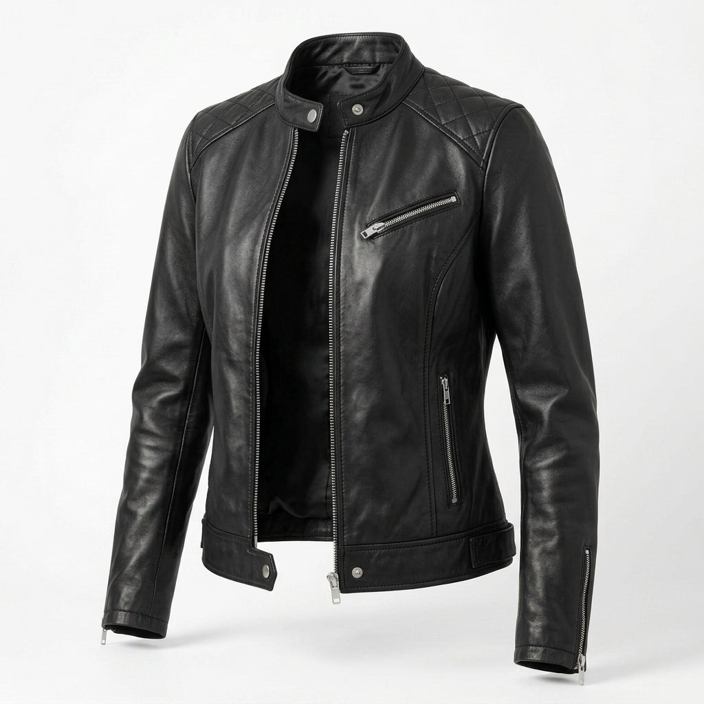 Women's Black Sheepskin Leather Cafe Racer Jacket – Diamond Quilted Shoulders & Zip Cuffs