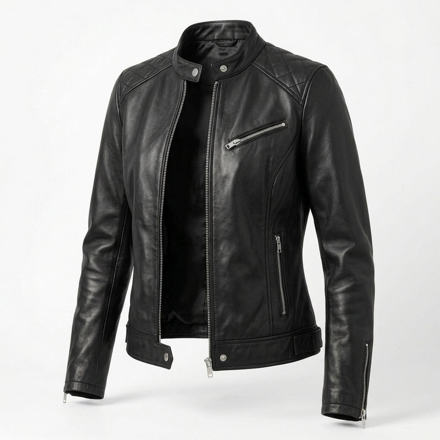 Women's Black Sheepskin Leather Cafe Racer Jacket – Diamond Quilted Shoulders & Zip Cuffs