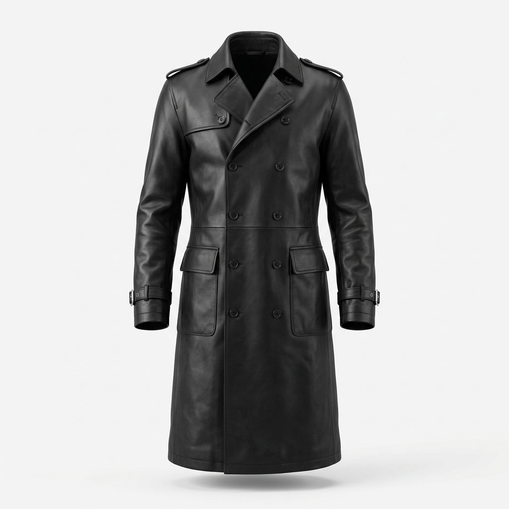 Men's Black Leather Trench Coat, Long Double-Breasted