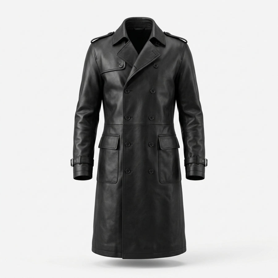 Men's Black Leather Trench Coat, Long Double-Breasted