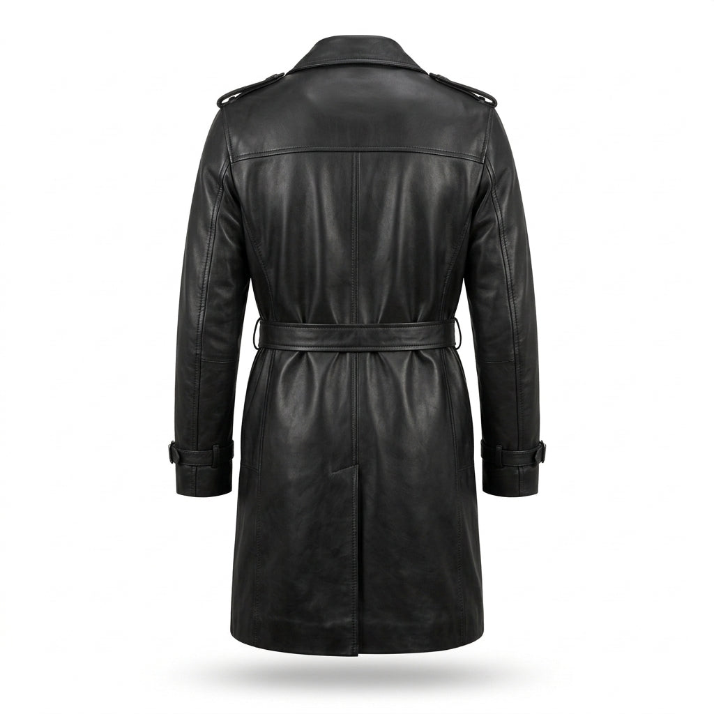 Men's Black Leather Trench Coat, Knee Length