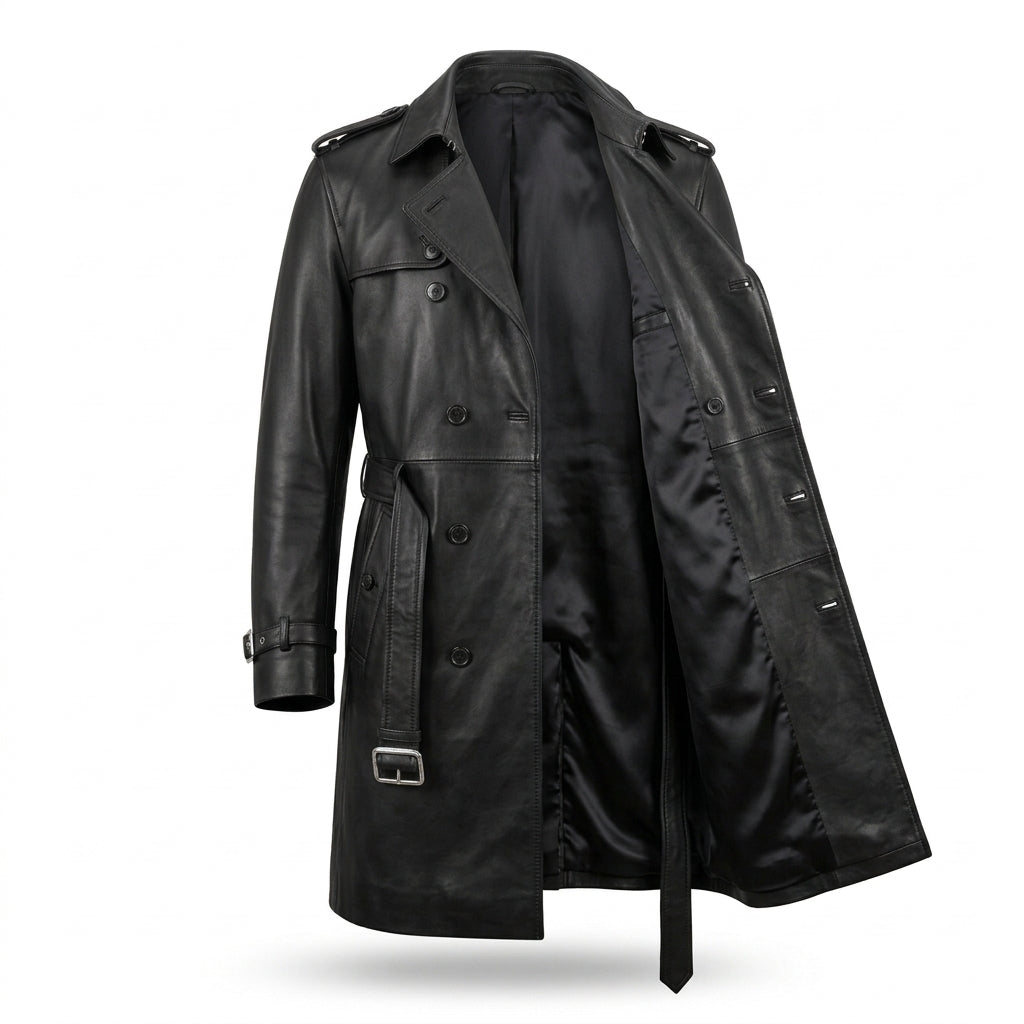Men's Black Leather Trench Coat, Knee Length