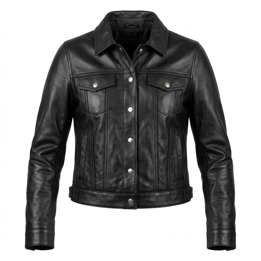 Women's Black Sheepskin Leather Trucker Jacket – Cropped Western Coat with Snap-Front Closure
