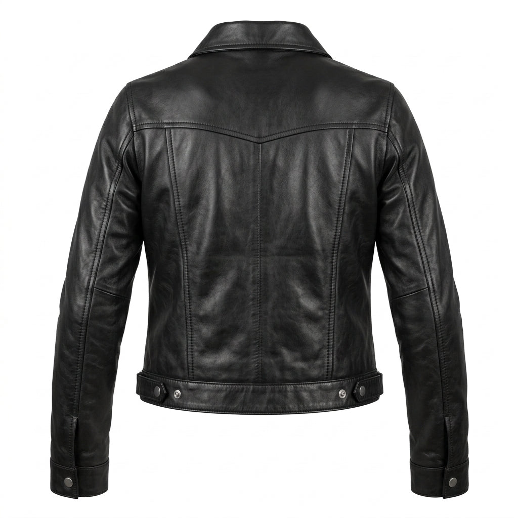 Women's Black Sheepskin Leather Trucker Jacket – Cropped Western Coat with Snap-Front Closure