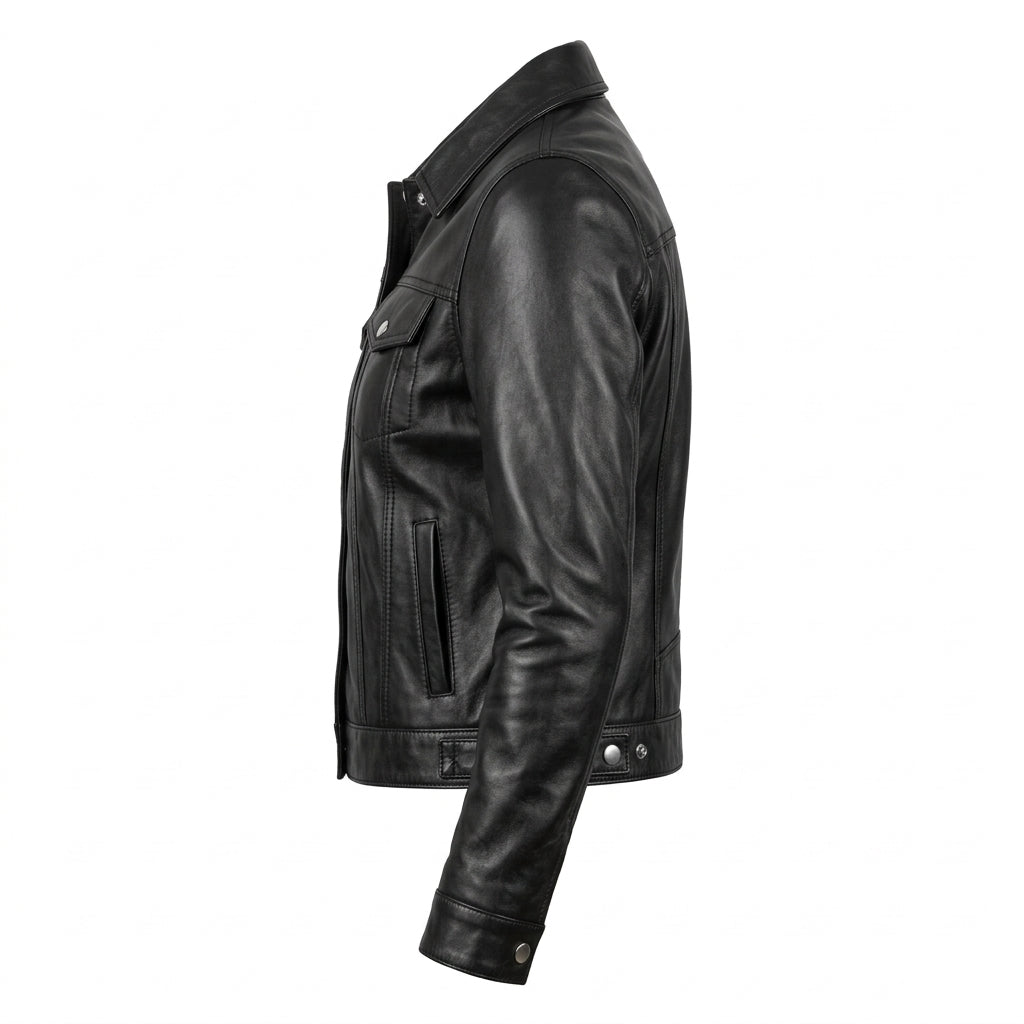 Women's Black Sheepskin Leather Trucker Jacket – Cropped Western Coat with Snap-Front Closure