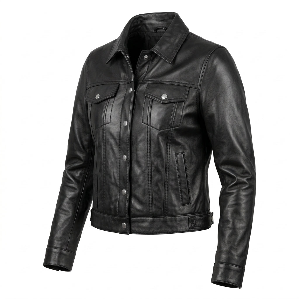 Women's Black Sheepskin Leather Trucker Jacket – Cropped Western Coat with Snap-Front Closure