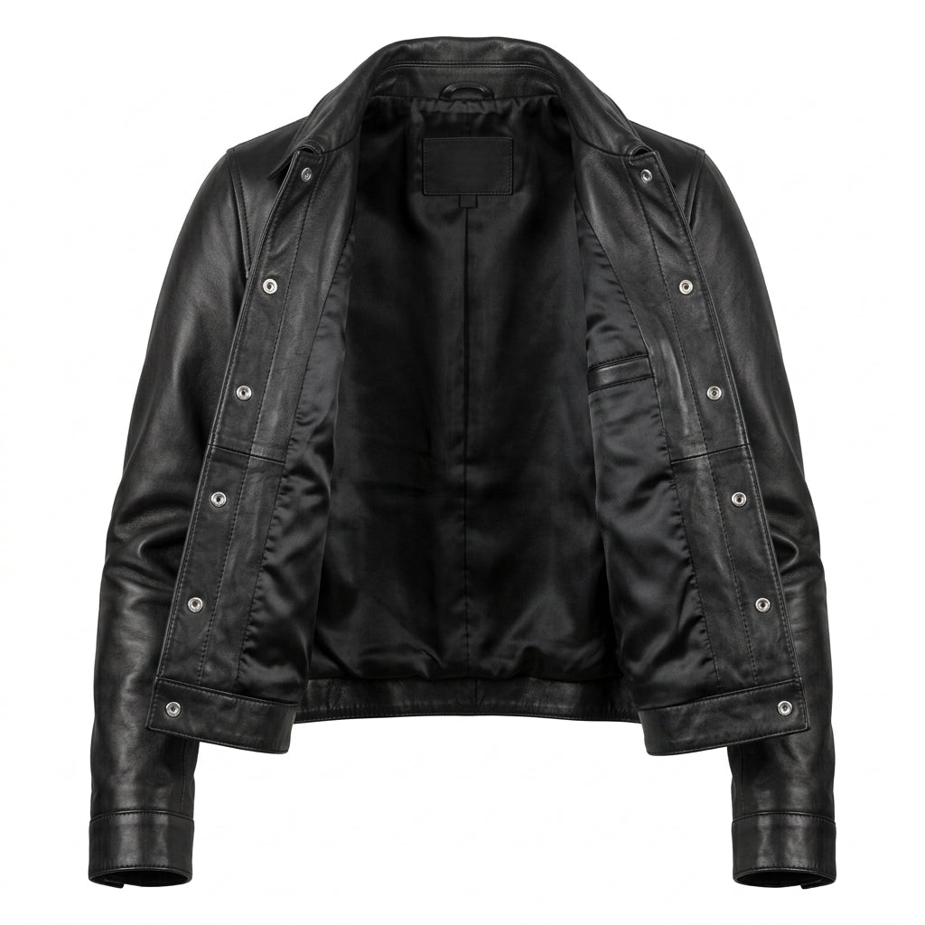 Women's Black Sheepskin Leather Trucker Jacket – Cropped Western Coat with Snap-Front Closure