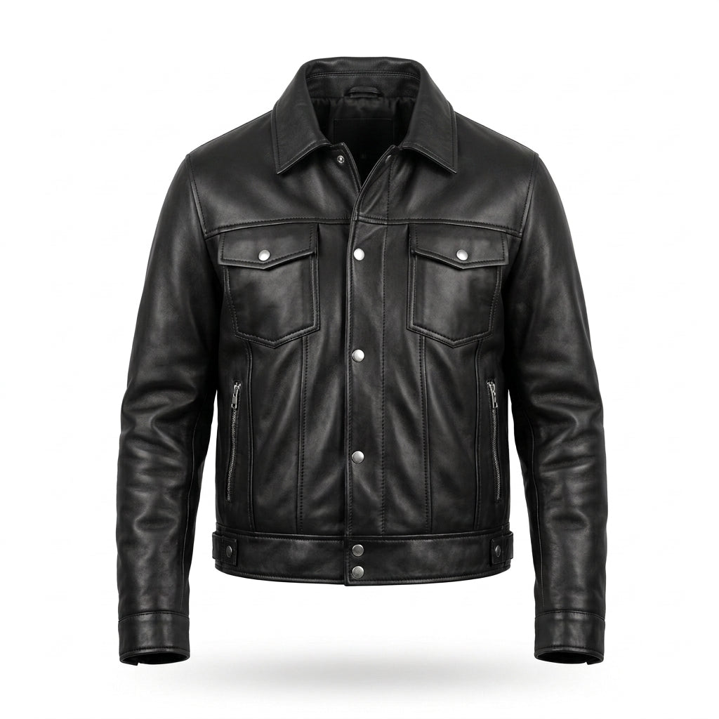 Men's Black Leather Trucker Jacket with Detachable Shearling Collar