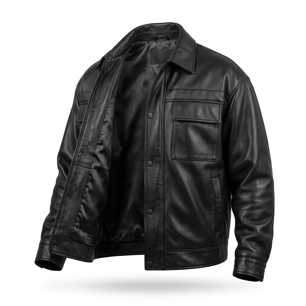 Men's Black Oversized Leather Trucker Jacket with Quilted Yoke