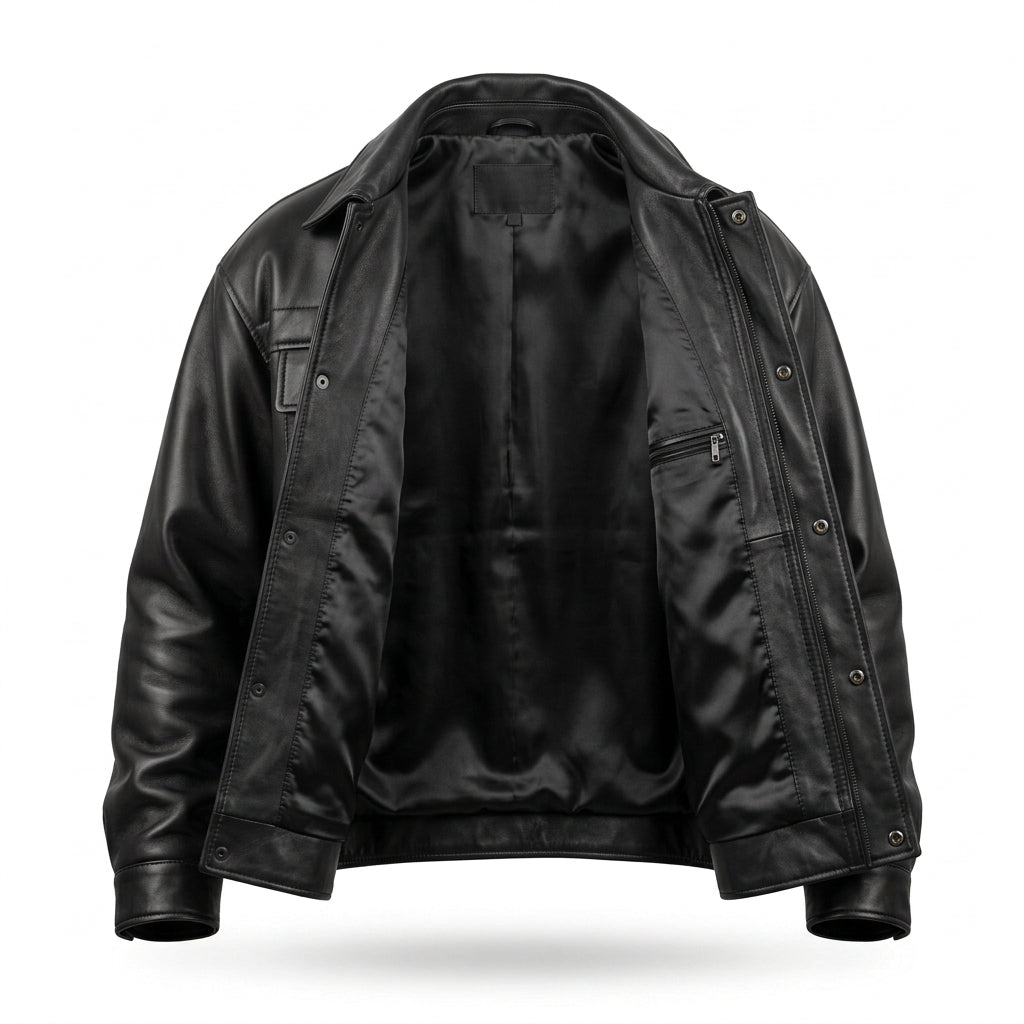 Men's Black Oversized Leather Trucker Jacket with Quilted Yoke