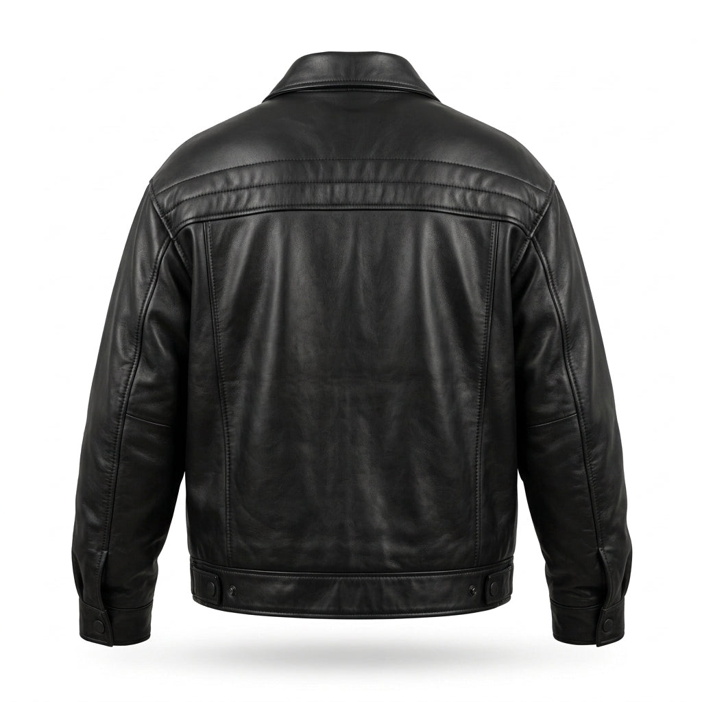 Men's Black Oversized Leather Trucker Jacket with Quilted Yoke