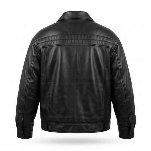 Men's Black Oversized Leather Trucker Jacket with Quilted Yoke