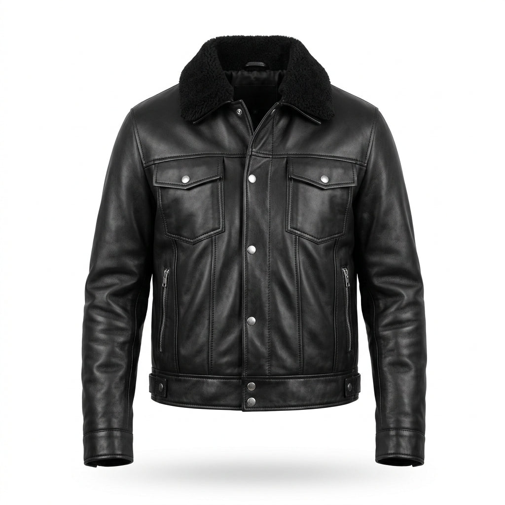 Men's Black Leather Trucker Jacket with Detachable Shearling Collar