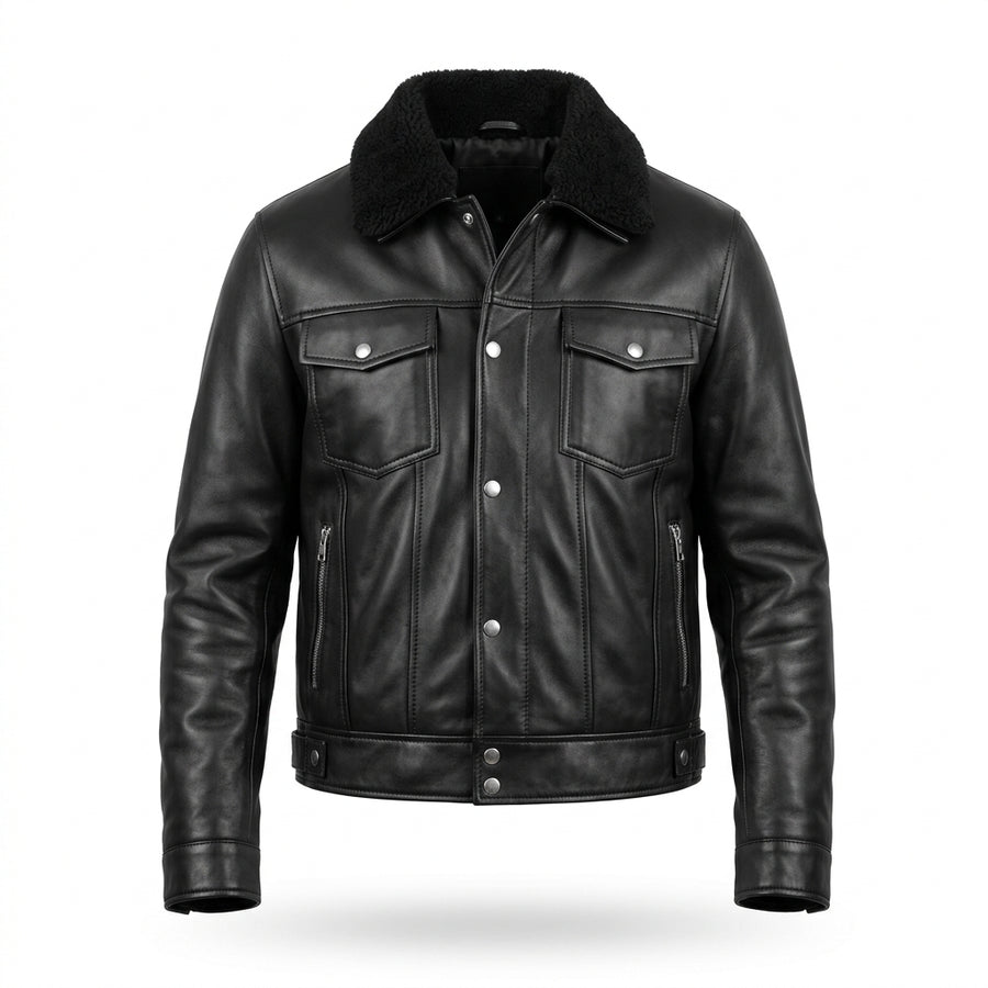 Men's Black Leather Trucker Jacket with Detachable Shearling Collar
