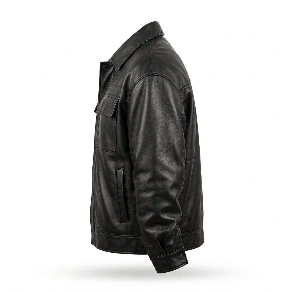 Men's Black Oversized Leather Trucker Jacket with Quilted Yoke