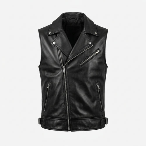 Men's Black Leather Asymmetric Cross Zip Vest