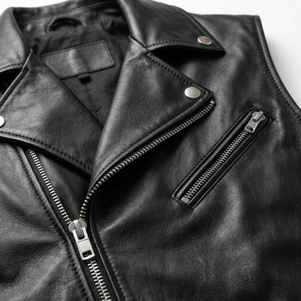 Men's Black Leather Asymmetric Cross Zip Vest
