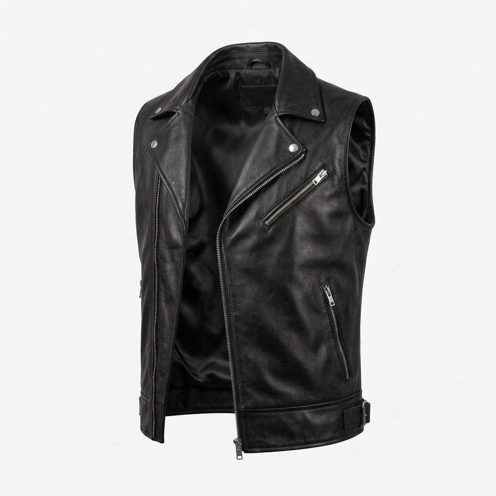 Men's Black Leather Asymmetric Cross Zip Vest