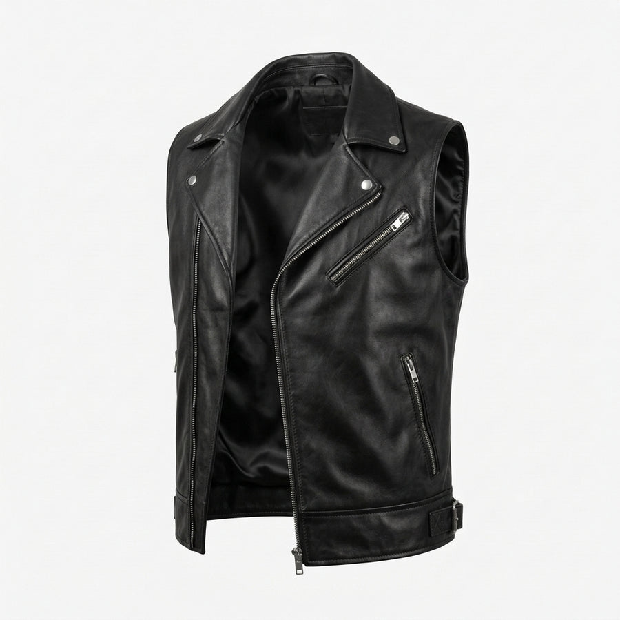 Men's Black Leather Asymmetric Cross Zip Vest