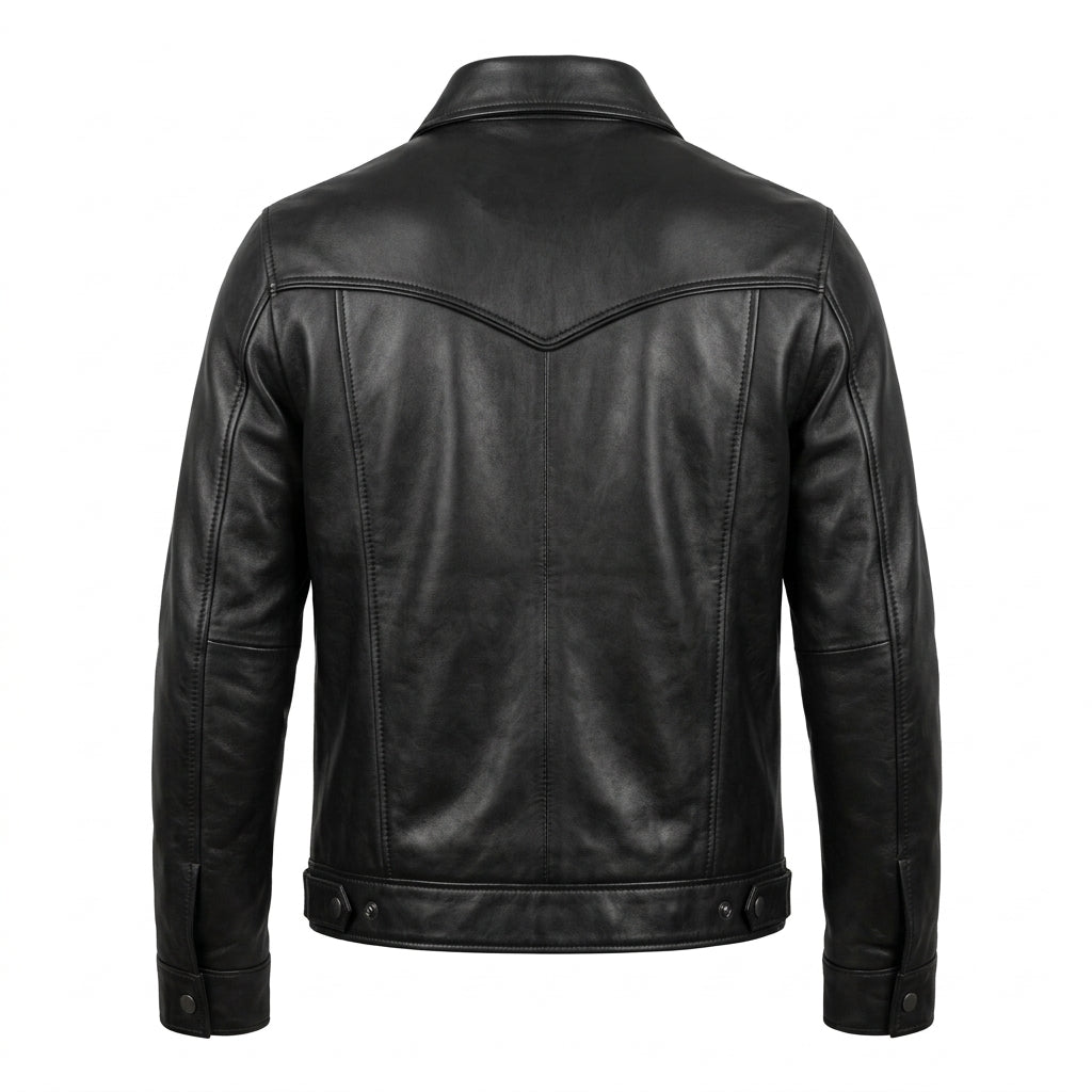 Men's Black Leather Western Trucker Jacket
