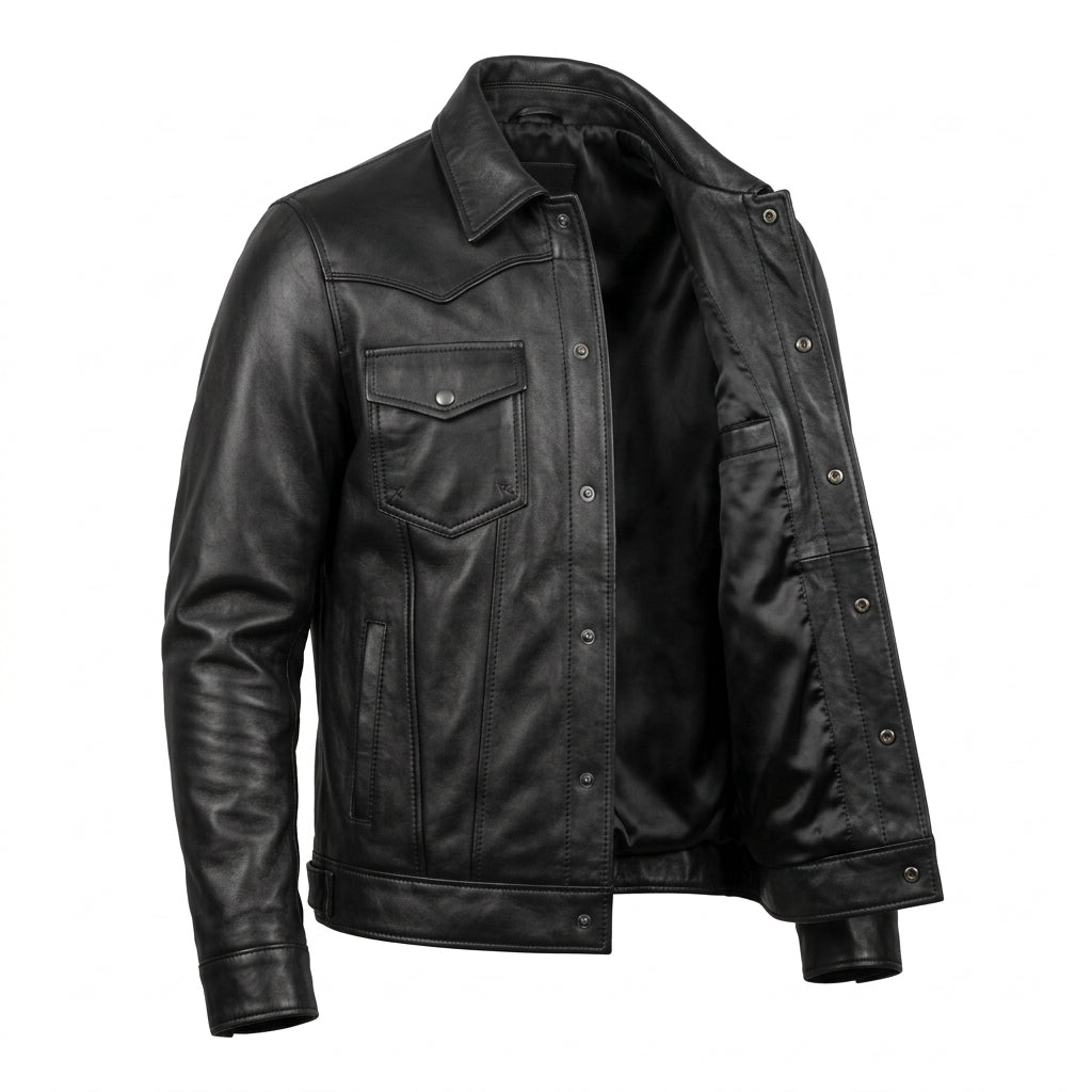 Men's Black Leather Western Trucker Jacket