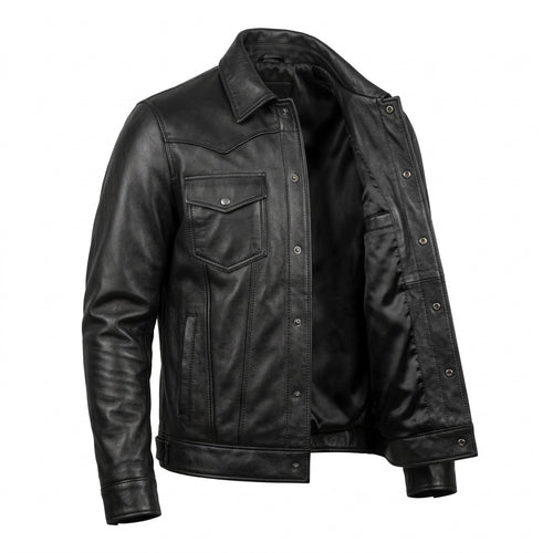 Men's Black Leather Western Trucker Jacket