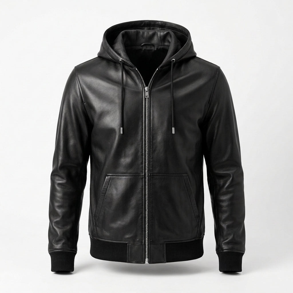 Men's Black Leather Zip Hoodie Jacket