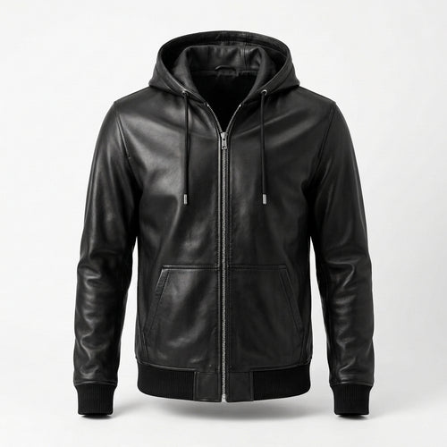 Men's Black Leather Zip Hoodie Jacket