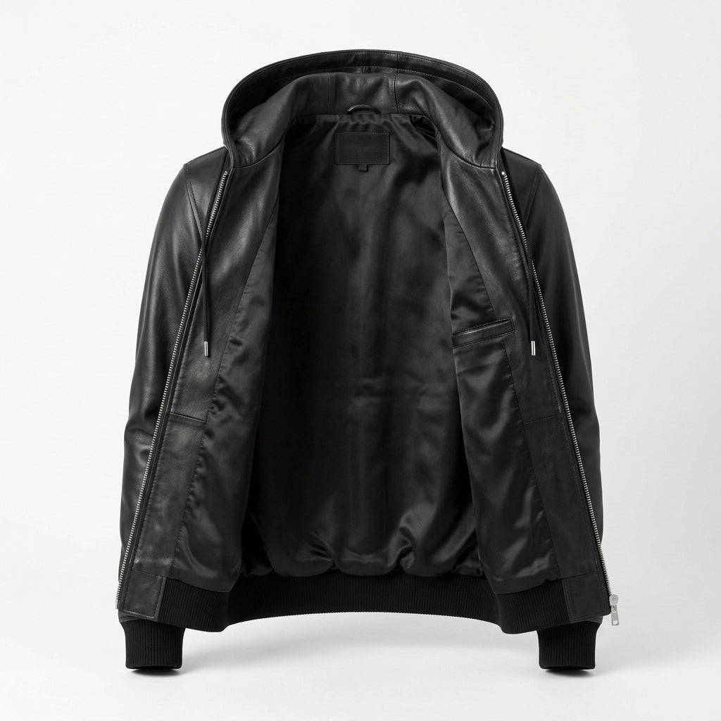 Men's Black Leather Zip Hoodie Jacket